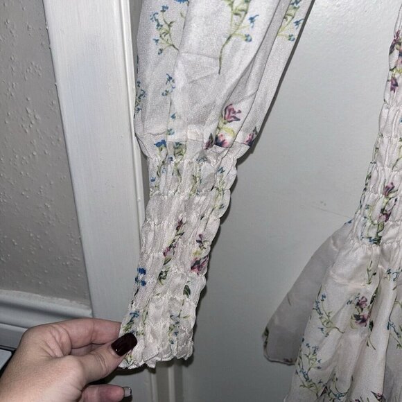Nasty Gal White Floral Bodycon Smocked Ruffle Cottegecore Fairy Dress Size 4 - Picture 7 of 10